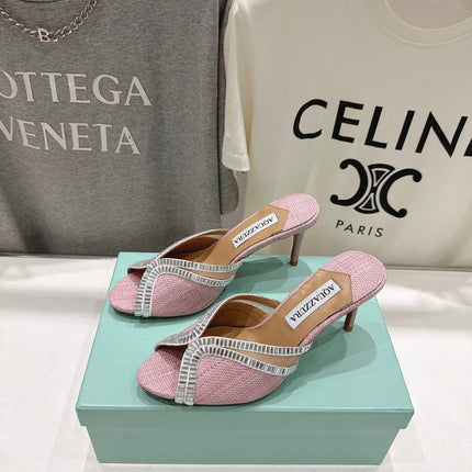 AQUAZZURA 26S HEEL SANDALS 80 MM IN LIGHT PINK CANVAS WITH CRYSTALS