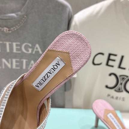 AQUAZZURA 26S HEEL SANDALS 80 MM IN LIGHT PINK CANVAS WITH CRYSTALS