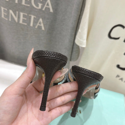 AQUAZZURA 26S HEEL SANDALS 80 MM IN BLACK CANVAS WITH CRYSTALS