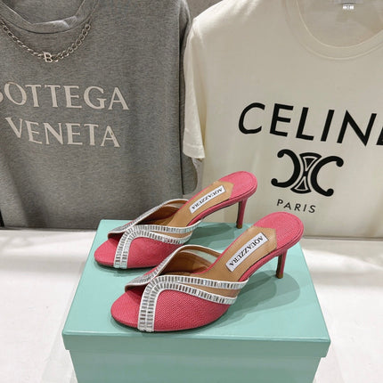 AQUAZZURA 26S HEEL SANDALS 80 MM IN CORAL PINK CANVAS WITH CRYSTALS