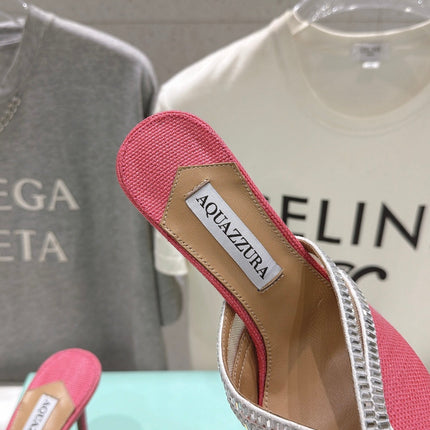 AQUAZZURA 26S HEEL SANDALS 80 MM IN CORAL PINK CANVAS WITH CRYSTALS