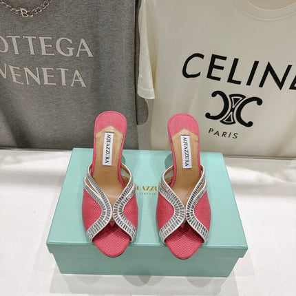 AQUAZZURA 26S HEEL SANDALS 80 MM IN CORAL PINK CANVAS WITH CRYSTALS
