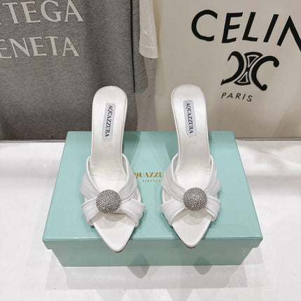 AQUAZZURA 26S HEEL SANDALS 80 MM IN WHITE SATIN CRYSTAL-EMBELLISHED SPHERE