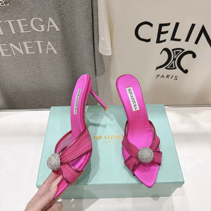 AQUAZZURA 26S HEEL SANDALS 80 MM IN DARK PINK SATIN CRYSTAL-EMBELLISHED SPHERE