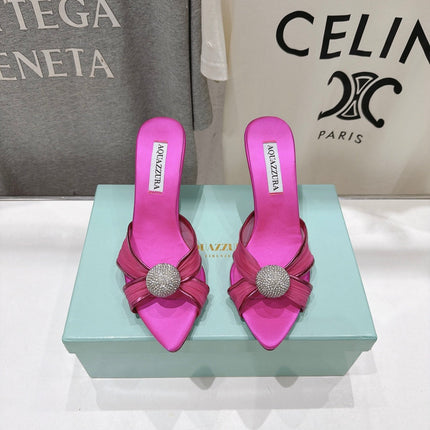 AQUAZZURA 26S HEEL SANDALS 80 MM IN DARK PINK SATIN CRYSTAL-EMBELLISHED SPHERE
