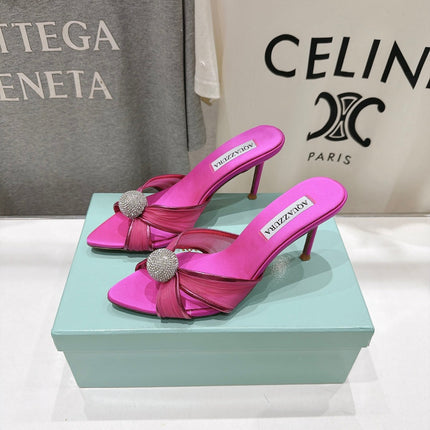 AQUAZZURA 26S HEEL SANDALS 80 MM IN DARK PINK SATIN CRYSTAL-EMBELLISHED SPHERE