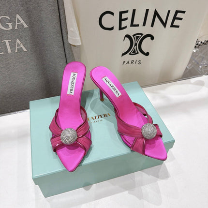 AQUAZZURA 26S HEEL SANDALS 80 MM IN DARK PINK SATIN CRYSTAL-EMBELLISHED SPHERE