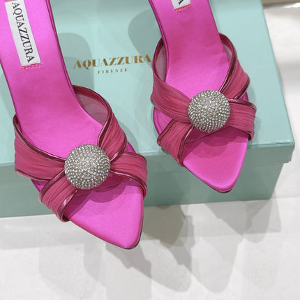 AQUAZZURA 26S HEEL SANDALS 80 MM IN DARK PINK SATIN CRYSTAL-EMBELLISHED SPHERE
