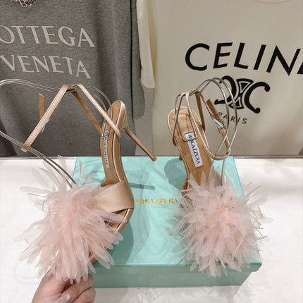 AQUAZZURA 26S BOUQUET HEELED SANDALS 100 MM IN BEIGE SATIN & CALFSKIN