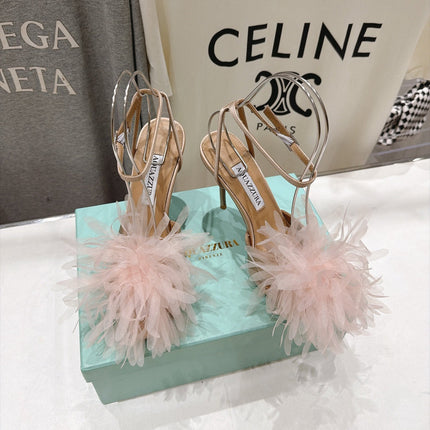 AQUAZZURA 26S BOUQUET HEELED SANDALS 100 MM IN BEIGE SATIN & CALFSKIN