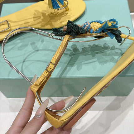 AQUAZZURA 26S FLORAL APPLIQUE THONG SANDALS IN YELLOW CALFSKIN
