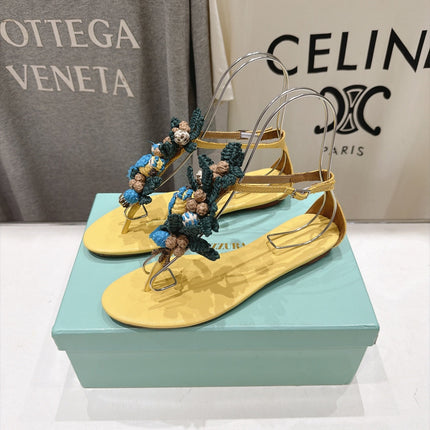 AQUAZZURA 26S FLORAL APPLIQUE THONG SANDALS IN YELLOW CALFSKIN