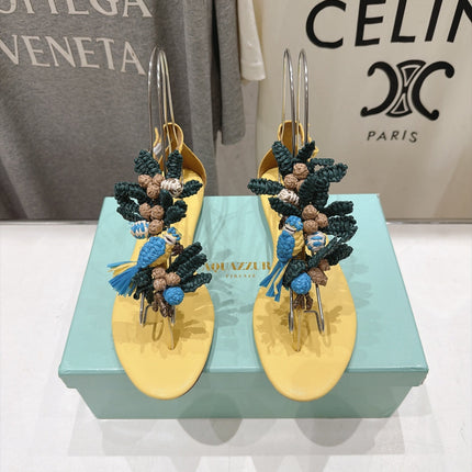 AQUAZZURA 26S FLORAL APPLIQUE THONG SANDALS IN YELLOW CALFSKIN