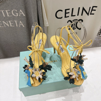 AQUAZZURA 26S FLORAL APPLIQUE SANDALS 100 MM IN YELLOW WOVEN FABRIC