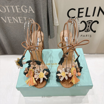 AQUAZZURA 26S FLORAL APPLIQUE SANDALS 100 MM IN BROWN WOVEN FABRIC