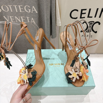 AQUAZZURA 26S FLORAL APPLIQUE SANDALS 100 MM IN BROWN WOVEN FABRIC