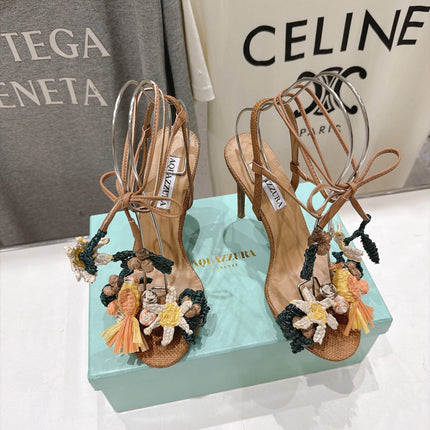 AQUAZZURA 26S FLORAL APPLIQUE SANDALS 100 MM IN BROWN WOVEN FABRIC