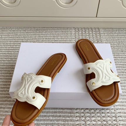 CELINE 26S TRIOMPHE SLIDE SANDALS IN IVORY WHITE CALFSKIN WITH TAN BROWN FOOTBED