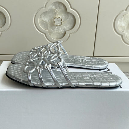 LOEWE 26S SLIDE SANDALS IN SILVER CROC-EMBOSSED CALFSKIN