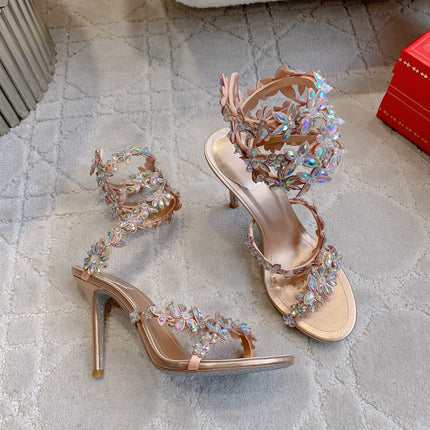 RENE CAOVILLA 26S HEEL SANDALS 95 MM IN ROSE GOLD LAMBSKIN CRYSTAL FLOWER EMBELLISHMENTS