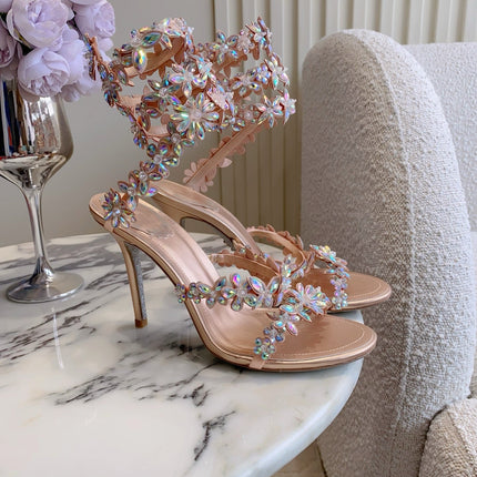 RENE CAOVILLA 26S HEEL SANDALS 95 MM IN ROSE GOLD LAMBSKIN CRYSTAL FLOWER EMBELLISHMENTS