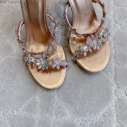 RENE CAOVILLA 26S HEEL SANDALS 95 MM IN ROSE GOLD LAMBSKIN CRYSTAL FLOWER EMBELLISHMENTS