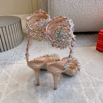 RENE CAOVILLA 26S HEEL SANDALS 95 MM IN ROSE GOLD LAMBSKIN CRYSTAL FLOWER EMBELLISHMENTS