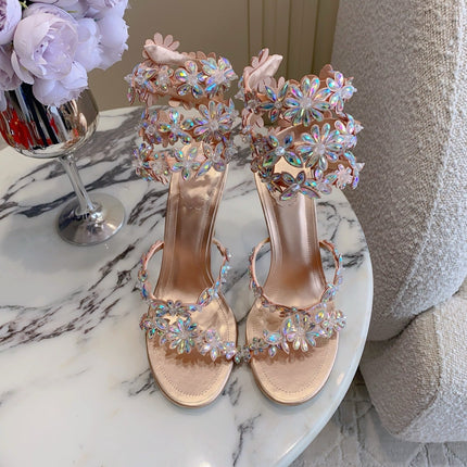 RENE CAOVILLA 26S HEEL SANDALS 95 MM IN ROSE GOLD LAMBSKIN CRYSTAL FLOWER EMBELLISHMENTS