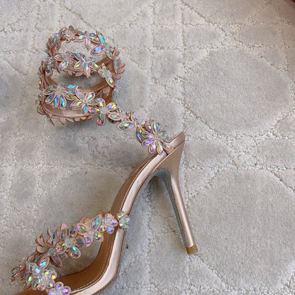 RENE CAOVILLA 26S HEEL SANDALS 95 MM IN ROSE GOLD LAMBSKIN CRYSTAL FLOWER EMBELLISHMENTS