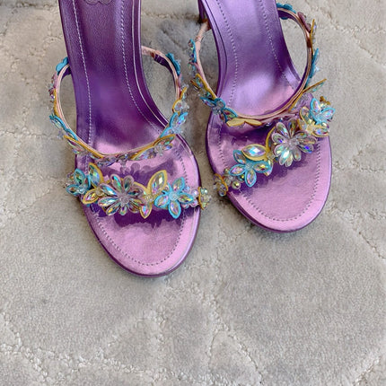 RENE CAOVILLA 26S HEEL SANDALS 95 MM IN METALLIC PURPLE LAMBSKIN CRYSTAL FLOWER EMBELLISHMENTS