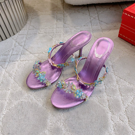 RENE CAOVILLA 26S HEEL SANDALS 65 MM IN METALLIC PURPLE LAMBSKIN CRYSTAL FLOWER EMBELLISHMENTS