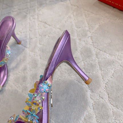 RENE CAOVILLA 26S HEEL SANDALS 65 MM IN METALLIC PURPLE LAMBSKIN CRYSTAL FLOWER EMBELLISHMENTS