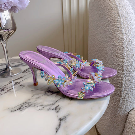 RENE CAOVILLA 26S HEEL SANDALS 65 MM IN METALLIC PURPLE LAMBSKIN CRYSTAL FLOWER EMBELLISHMENTS
