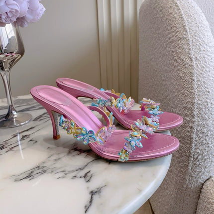 RENE CAOVILLA 26S HEEL SANDALS 65 MM IN METALLIC PINK LAMBSKIN CRYSTAL FLOWER EMBELLISHMENTS