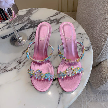 RENE CAOVILLA 26S HEEL SANDALS 65 MM IN METALLIC PINK LAMBSKIN CRYSTAL FLOWER EMBELLISHMENTS