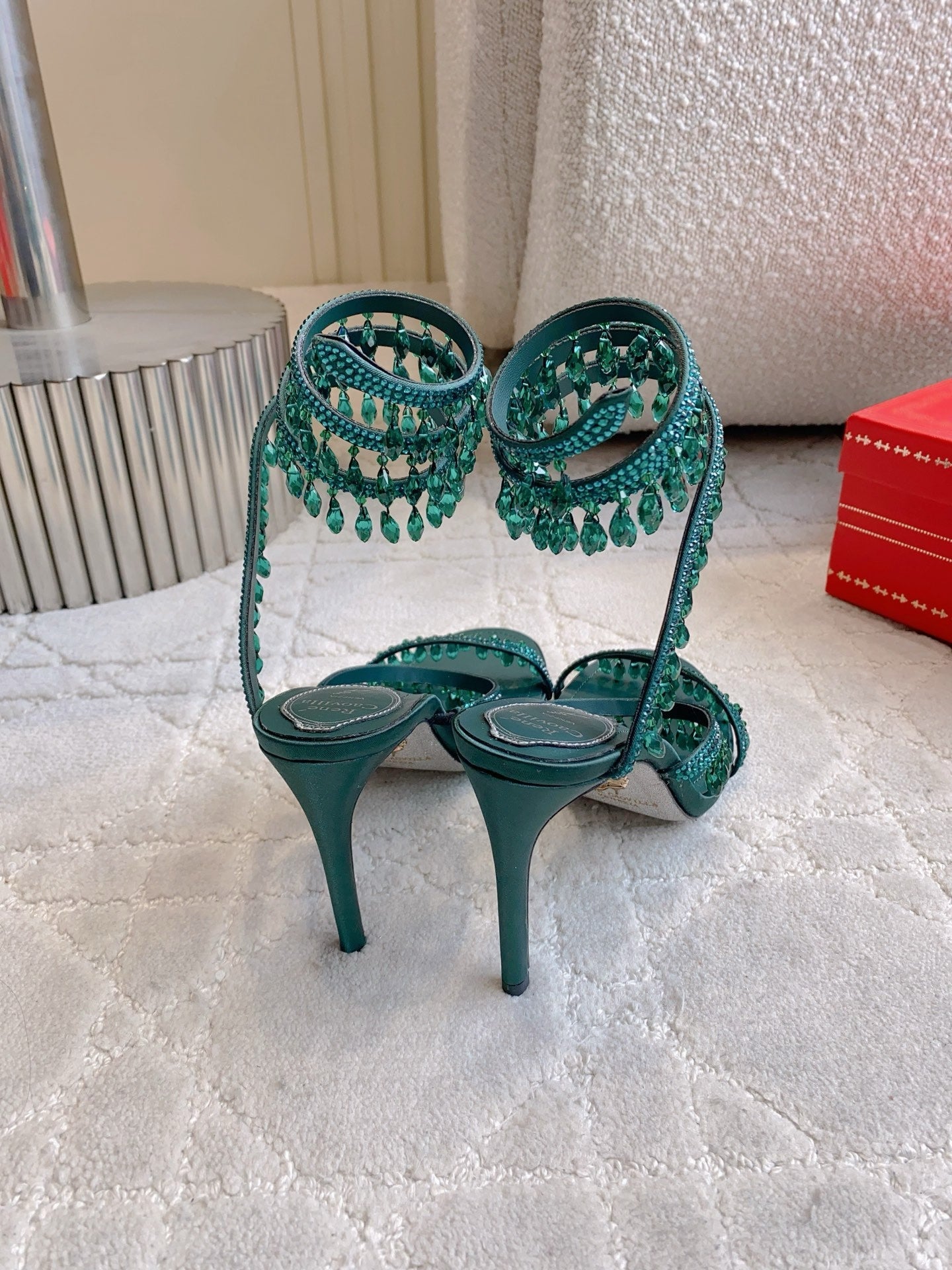 RENE CAOVILLA 26S CLEO HIGH HEELS SANDALS 95 MM IN DARK GREEN LAMBSKIN STYLE 15