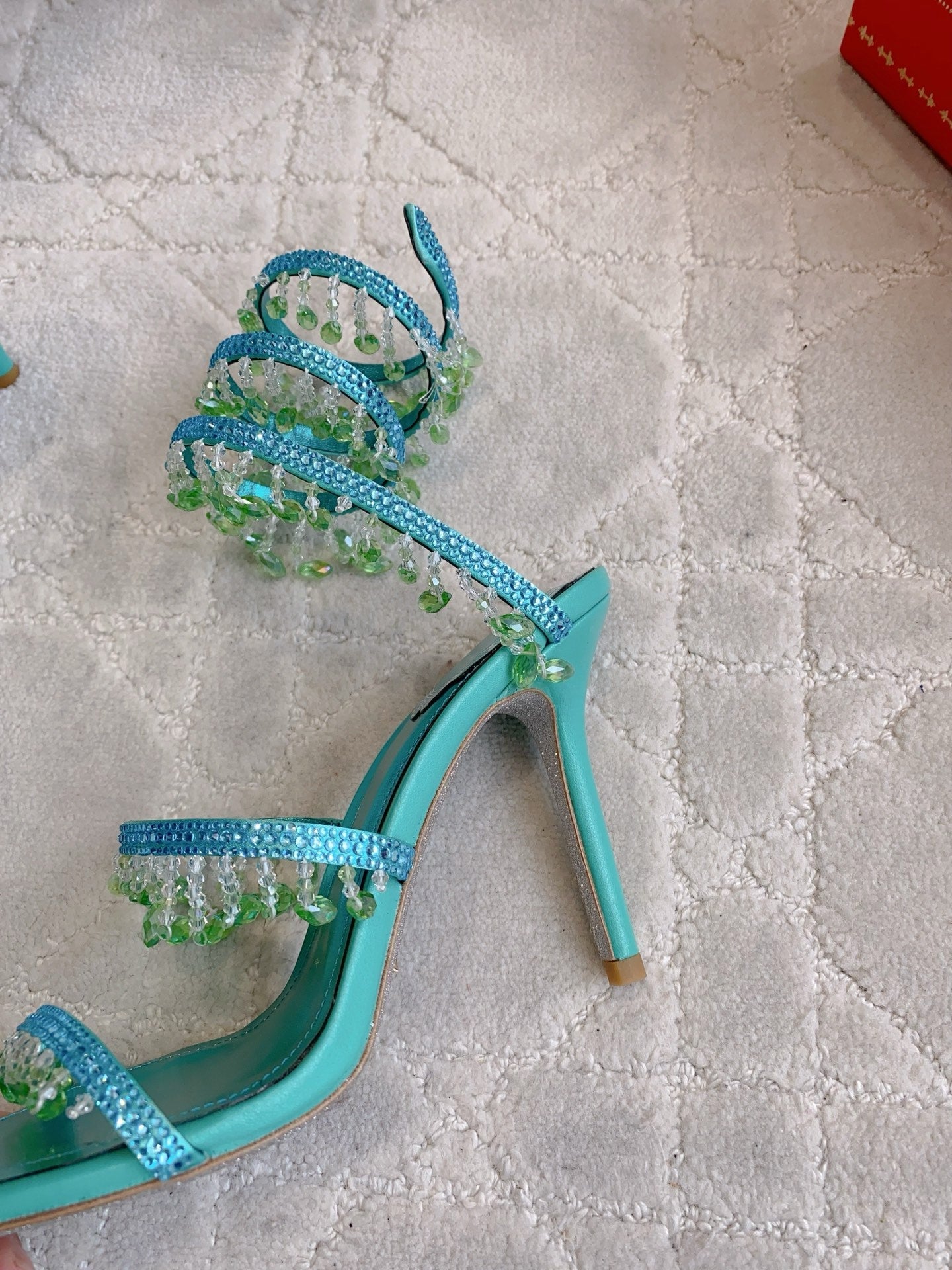 RENE CAOVILLA 26S CLEO HIGH HEELS SANDALS 95 MM IN AQUA BLUE METALLIC LAMBSKIN STYLE 9