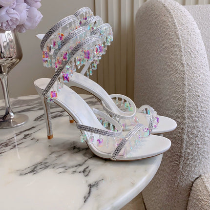 RENE CAOVILLA 26S CLEO HIGH HEELS SANDALS 95 MM IN WHITE LAMBSKIN STYLE 10