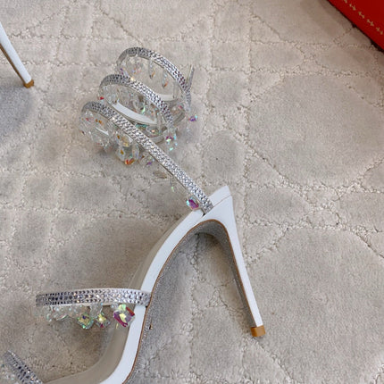 RENE CAOVILLA 26S CLEO HIGH HEELS SANDALS 95 MM IN WHITE LAMBSKIN STYLE 10