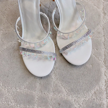 RENE CAOVILLA 26S CLEO HIGH HEELS SANDALS 95 MM IN WHITE LAMBSKIN STYLE 10