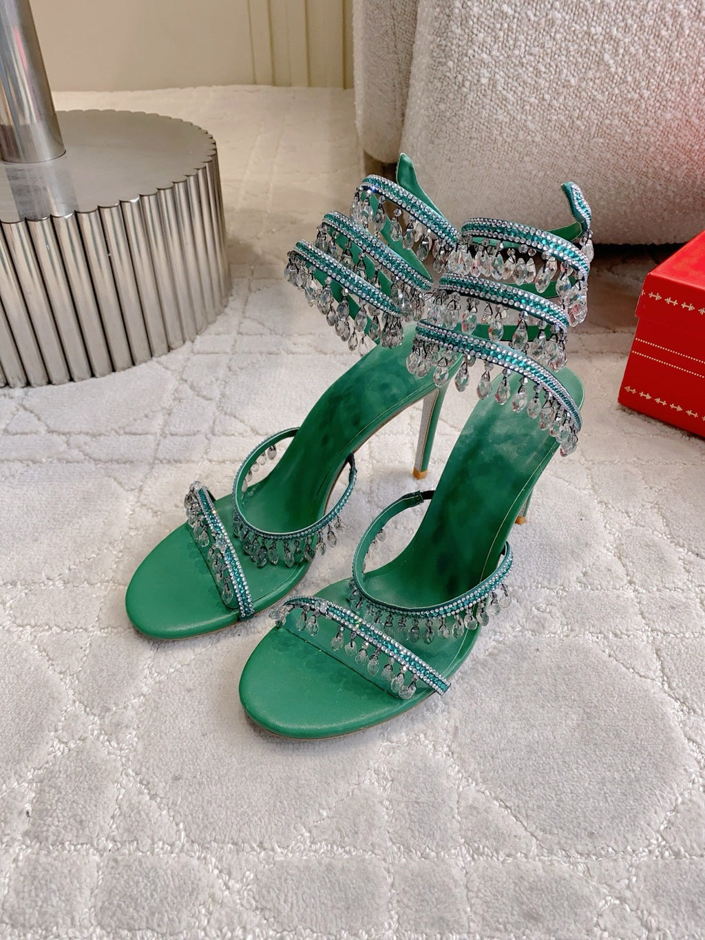 RENE CAOVILLA 26S CLEO HIGH HEELS SANDALS 95 MM IN GREEN LAMBSKIN