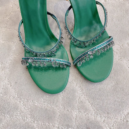 RENE CAOVILLA 26S CLEO HIGH HEELS SANDALS 95 MM IN GREEN LAMBSKIN