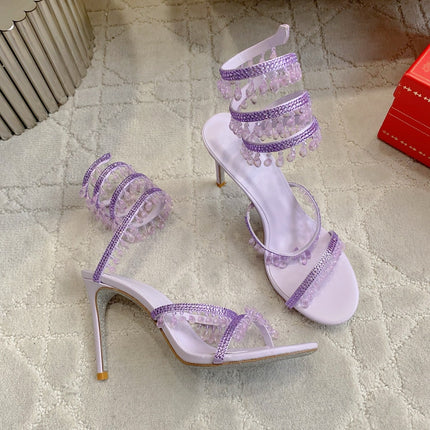 RENE CAOVILLA 26S CLEO HIGH HEELS SANDALS 95 MM IN LIGHT PURPLE LAMBSKIN STYLE 11