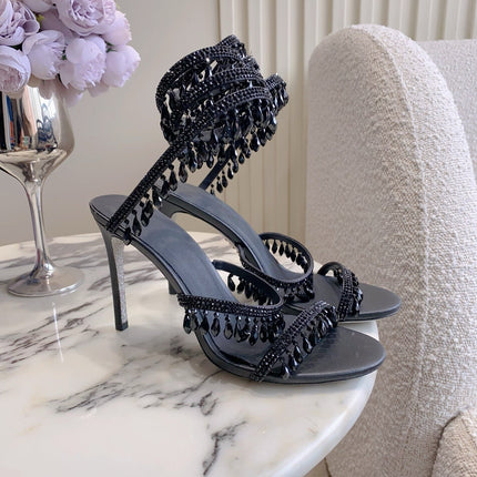 RENE CAOVILLA 26S CLEO HIGH HEELS SANDALS 95 MM IN BLACK LAMBSKIN STYLE 7