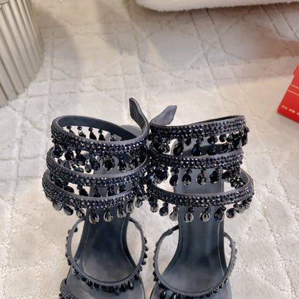 RENE CAOVILLA 26S CLEO HIGH HEELS SANDALS 95 MM IN BLACK LAMBSKIN STYLE 7