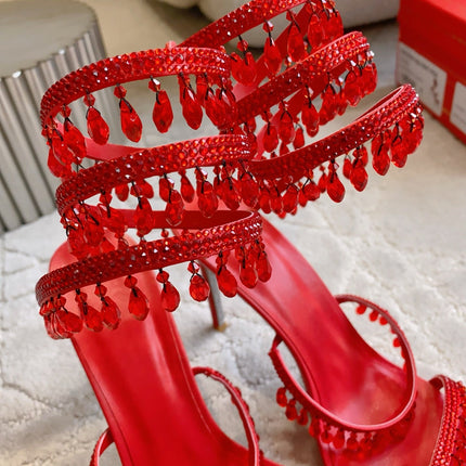 RENE CAOVILLA 26S CLEO HIGH HEELS SANDALS 95 MM IN RED LAMBSKIN STYLE 5