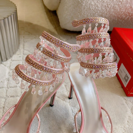 RENE CAOVILLA 26S CLEO HIGH HEELS SANDALS 95 MM IN PINK LAMBSKIN