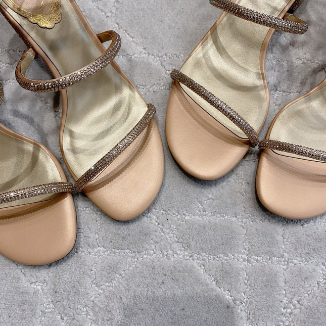 RENE CAOVILLA 26S RHINESTONE HIGH HEELS SANDALS 75 MM IN BEIGE LAMBSKIN