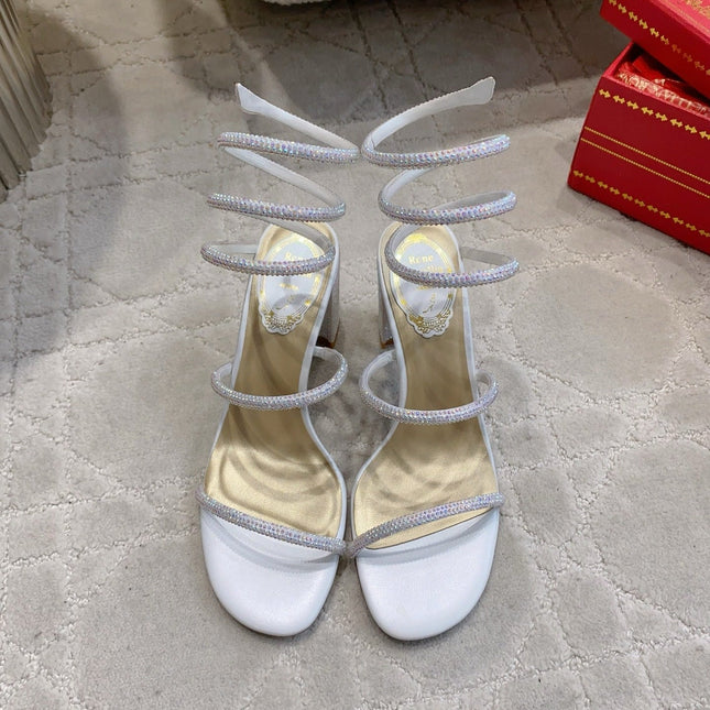RENE CAOVILLA 26S RHINESTONE HIGH HEELS SANDALS 75 MM IN WHITE LAMBSKIN