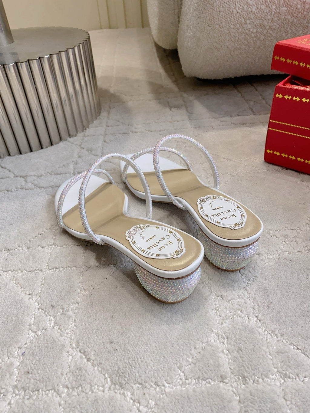 RENE CAOVILLA 26S HIGH-HEELED SANDALS 45 MM IN WHITE LAMBSKIN